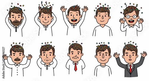 Diverse men expressing emotions with confetti overhead