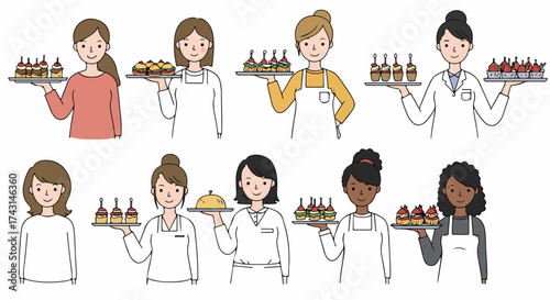 Waitresses serving food on trays in various styles