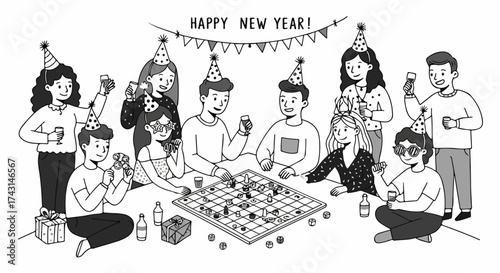 New year celebration with friends playing board game