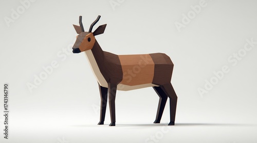 Stylized low poly 3D rendering of a pronghorn antelope on plain background showcasing its