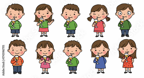Children drinking juice with happy expressions
