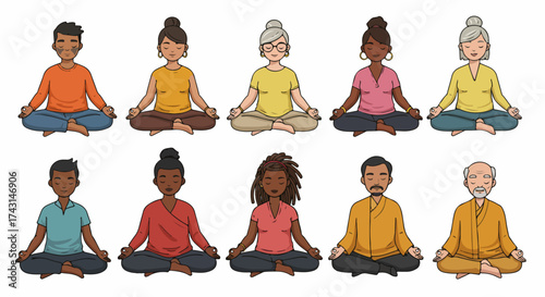 Diverse people meditating in lotus position