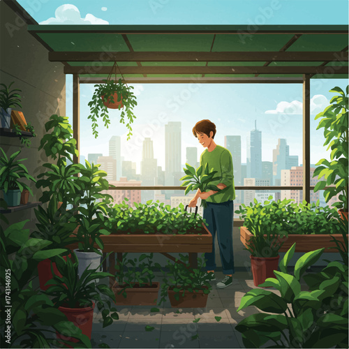 Young man tending plants on a rooftop garden with a city skyline view.