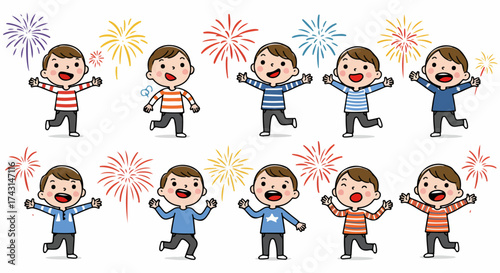 Happy boy celebrating fireworks with joyful expressions