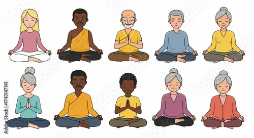 Diverse people meditating in lotus position