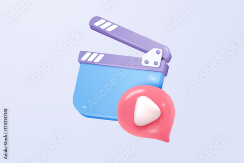 3D cinema movie with minimal film theater play icon, watch movie in theatre and notification. Media film for entertainment alert in social media. 3d cinema reminder vector icon render illustration