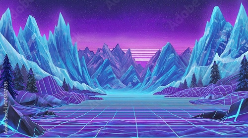 Synthwave landscape illustration with mountains grid neon lights and retro style perfect for