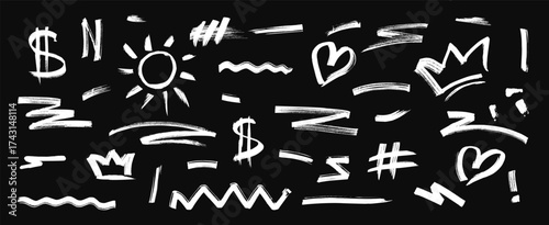 Set of punk inspired graffiti design. Collection of white features squiggles charcoal strokes, crown, heart and sun comic style drawings playful kid like drawn elements. Vector monochrome illustration