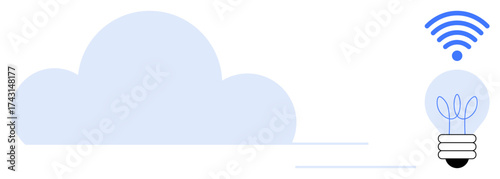 Blue cloud icon alongside a lightbulb with leaves inside, emitting wireless signals. Ideal for technology, innovation, sustainability, cloud storage, smart devices, networking, eco-friendly