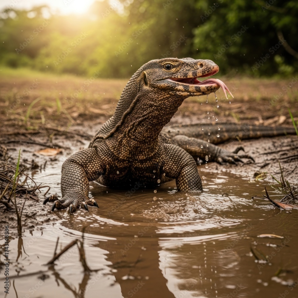 Fototapeta premium Komodo Dragon Emerging From Muddy Water In A Lush Forest.