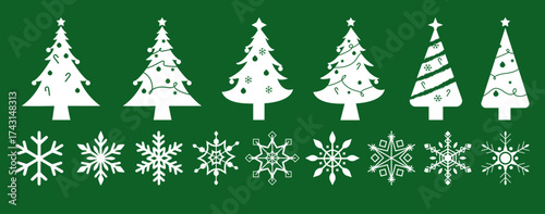 Árboles de navidad y copos de nieve. Vectores tipo siluetas para decoración o complemento