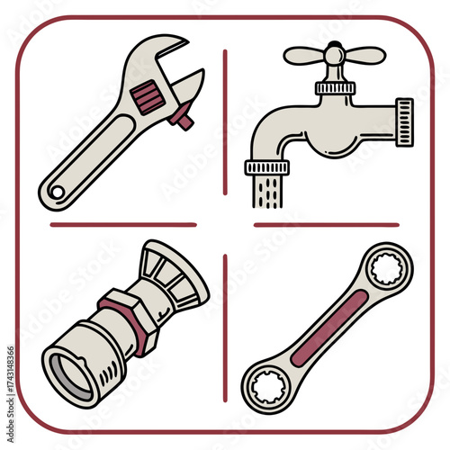 A collection of plumbing tools and fixtures including an adjustable wrench a faucet with water flowing a pipe fitting and a wrench presented in a clean illustrative style within a bordered frame