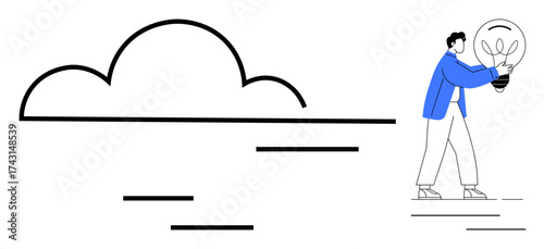 Person carrying a lightbulb with a plant growing inside, symbolizing green energy, near a simple cloud outline. Ideal for sustainability, eco-consciousness, innovation, cloud technology, growth