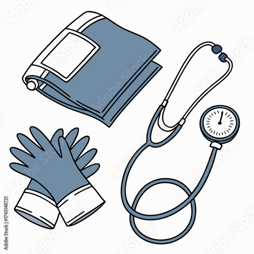 A flat illustration of essential medical tools including a stethoscope a blood pressure cuff and a pair of medical gloves all rendered in a simple clean cartoon style with a white background