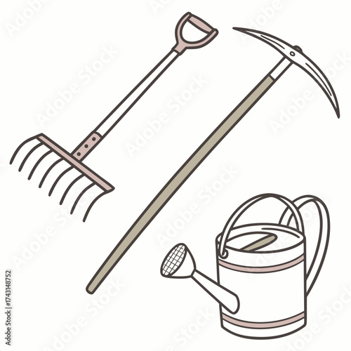 A collection of essential gardening tools including a rake a pickaxe and a watering can presented in a clean simple and illustrative style on a white background for easy use
