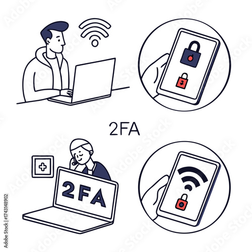 Illustration depicting two factor authentication with a person using a laptop and a smartphone showing security locks and wi fi symbols for online safety and digital security measures