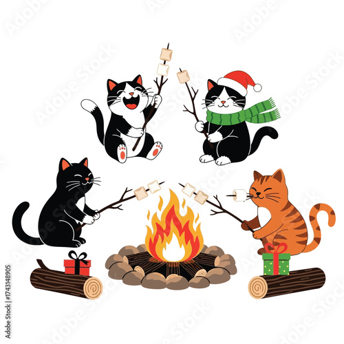 Four adorable cartoon cats roasting marshmallows over a cozy campfire, with logs and wrapped gifts nearby, celebrating a festive outdoor gathering.