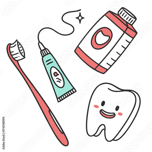 A cheerful cartoon tooth smiles next to a toothbrush toothpaste and mouthwash bottle with dental floss and a sparkle symbolizing clean healthy teeth and good oral hygiene
