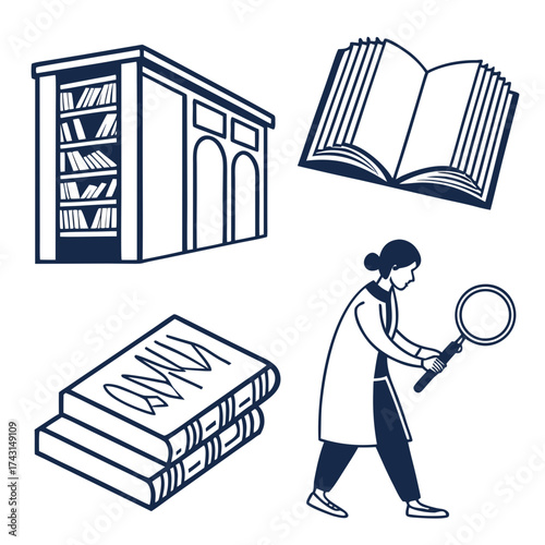 A collection of stylized line art illustrations depicting a library bookshelf an open book a stack of closed books and a person holding a magnifying glass representing research and learning
