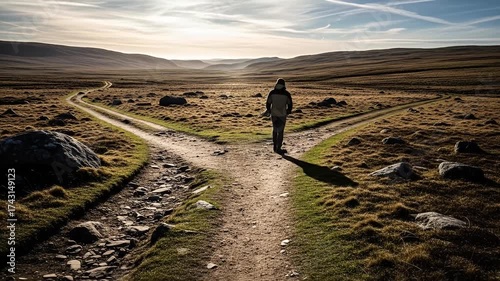A person standing at a fork in a rural dirt road making a choice about which path or direction to take