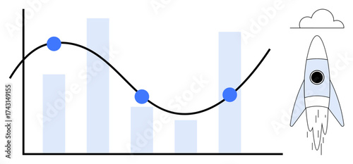 Rocket ascending beside a graph with a curved line, data points, and bar chart. Ideal for business growth, analytics, innovation, start-ups, success strategy brainstorming. Clean flat metaphor