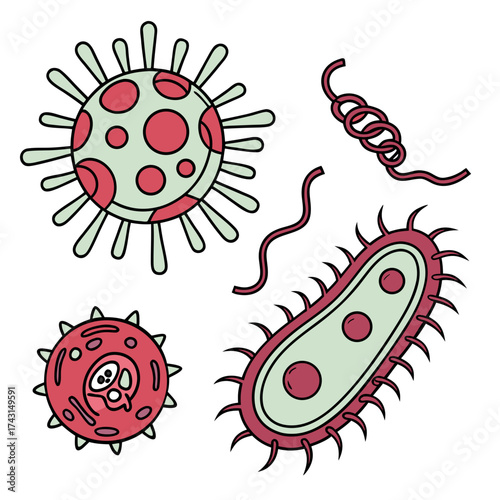 A collection of colorful stylized cartoon illustrations depicting various microscopic organisms including bacteria and viruses with distinctive shapes and features against a white background