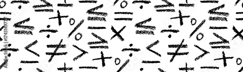 Artistic vector seamless background with sketchy chalk and crayon brush texture. Collection of calculus elements for school inequality signs, minus, divide, multiply, equal and percent icons isolated