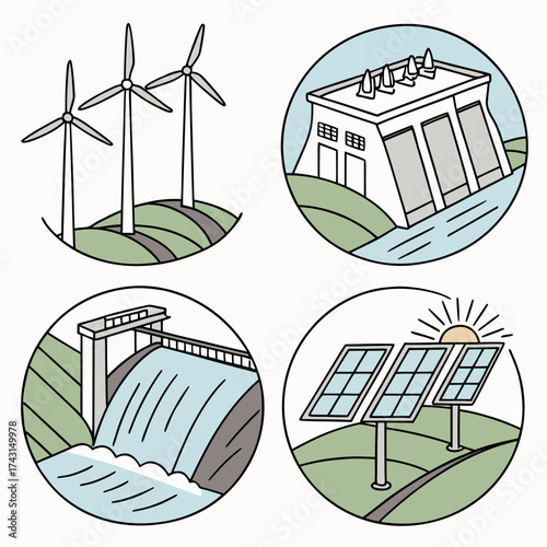 Set of four circular icons depicting renewable energy sources including wind turbines a hydroelectric dam a waterfall and solar panels with the sun