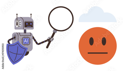 AI robot holds a magnifying glass to examine a neutral face icon, with cloud above. Ideal for artificial intelligence, emotion analysis, data security, privacy, research, innovation concepts