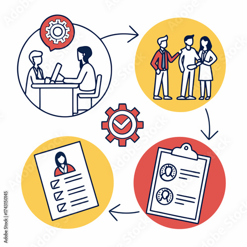 Illustrating the recruitment process from candidate screening and interview to team selection and onboarding with clear visual icons and directional arrows showing workflow progression and success