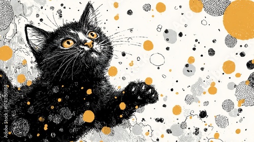 Whimsical illustration of a black kitten playing with colorful abstract shapes