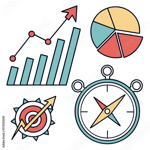 Collection of flat design icons representing business growth strategy and financial success with a bar chart pie chart target with arrow and compass for direction