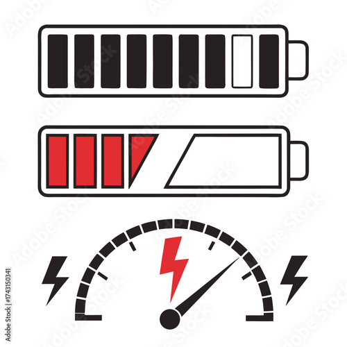 Visual representation of battery levels with a full and a low charge indicator alongside a power gauge displaying energy and electricity symbols for power management and device status
