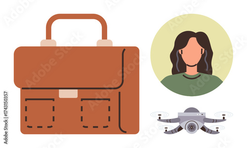 Brown briefcase, woman avatar in casual attire, and quadcopter with camera. Ideal for career development, technology, innovation, work-life balance, modern tools, remote work simple flat metaphor