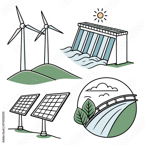 Clean energy sources including wind turbines on hills solar panels on the ground a dam with flowing water and a sun and a circular landscape with clouds birds and trees