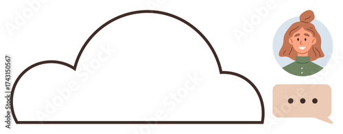 Large outlined cloud with a female user avatar and chat conversation bubble. Ideal for networking, cloud storage, communication, online interaction, collaboration, data sharing, simple flat metaphor