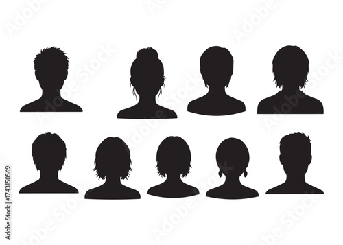Vector art of set of ten different people head silhouette