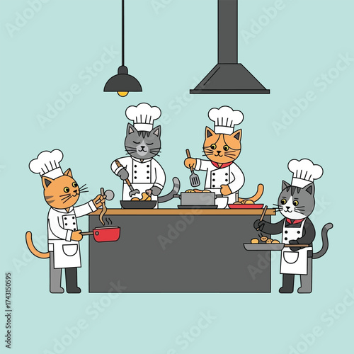 Four cartoon cats wearing chef hats and aprons, cooking food together in a kitchen.