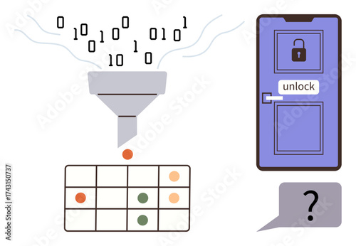 Binary code enters a funnel leading to sorted data in a table, a locked door with unlock button and question mark depict coding, decryption, security access. Ideal for machine learning