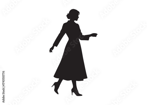 Vector art of elegant woman in dress walking, black silhouette