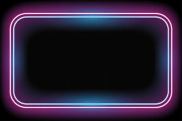 Glowing neon rectangle frame with pink and blue light on black background, abstract futuristic border