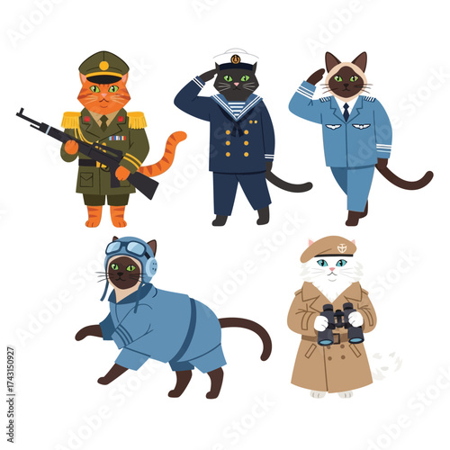 Cartoon cats dressed in various military uniforms, including soldier, sailor, pilot, and general, saluting and holding binoculars.