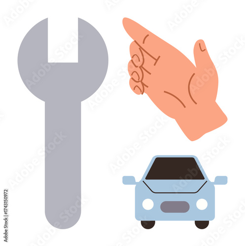 Hand gesture, gray wrench, and car illustration representing repair, maintenance, service, DIY, safety, tools. Ideal for automobile services mechanics workshops technical support instructional