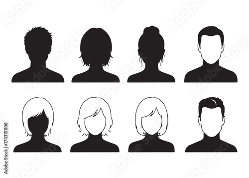 Vector art of set of eight different anonymous people silhouette