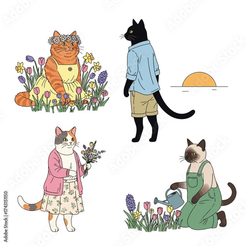 Four anthropomorphic cats dressed in clothes, surrounded by flowers, with one watering plants and another holding a bouquet.