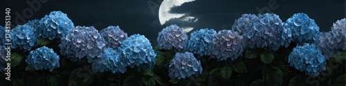 Blue hydrangea flowers at night with full moon atmospheric floral composition