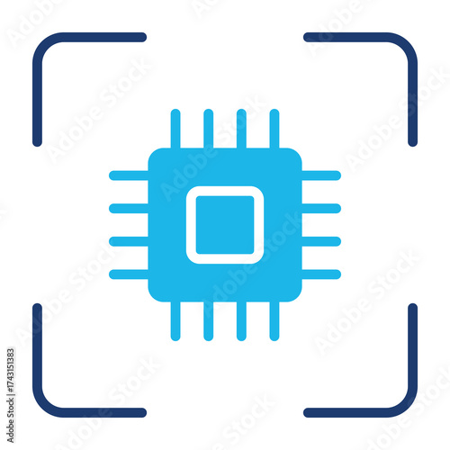 Processor Icon In Blue Monochrome Flat Design, Vector Illustration