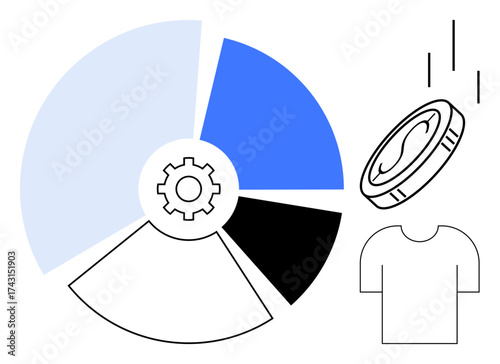 Pie chart with gear symbol, falling coin, and shirt silhouette representing financial distribution, process, profit, and market segmentation. Ideal for investment, planning, economy business