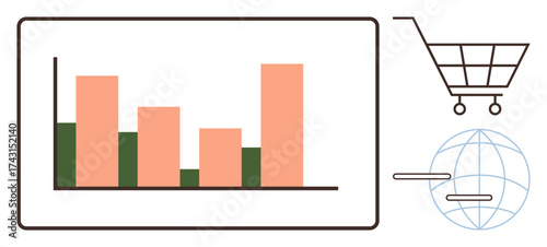 Bar chart tracking performance, shopping cart icon, and global sphere with lines. Ideal for marketing, sales, strategy, analytics, data business growth global commerce. Simple flat metaphor