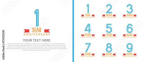 logo anniversary set. blue color with red ribbon on white background for special event